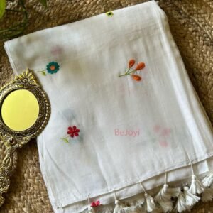 Phool – White Floral Embroidery Mulmul Cotton Saree