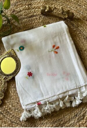 Phool – White Floral Embroidery Mulmul Cotton Saree