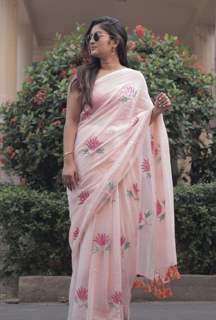 Kamalika – Blush Pink Floral Sequin Embroidery Mulmul Cotton Saree