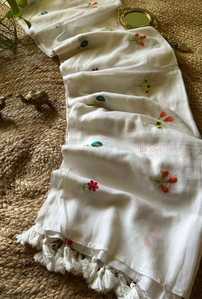 Phool – White Floral Embroidery Mulmul Cotton Saree