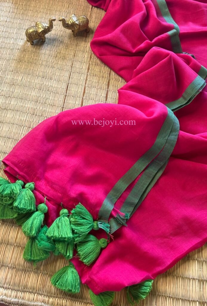 Rani Pink with Green Border Mulmul Cotton Saree