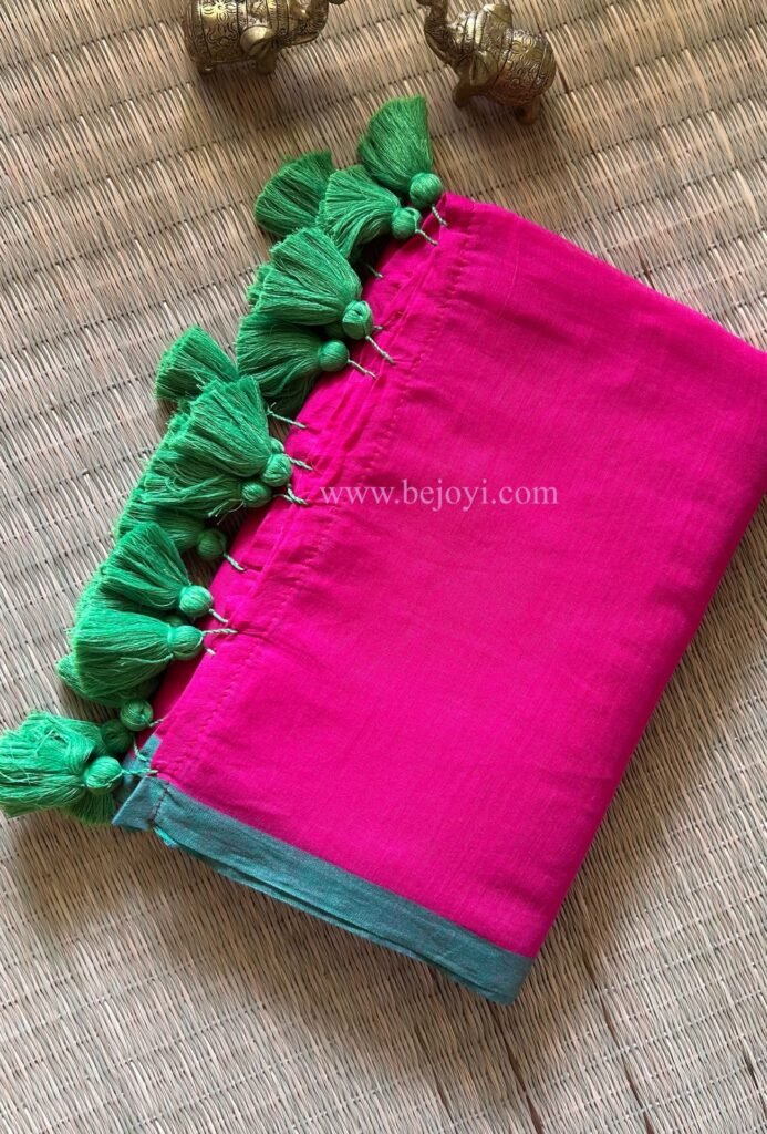 Rani Pink with Green Border Mulmul Cotton Saree