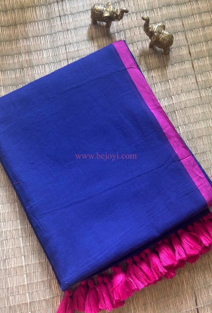 Royal Blue with Pink Border Mulmul Cotton Saree