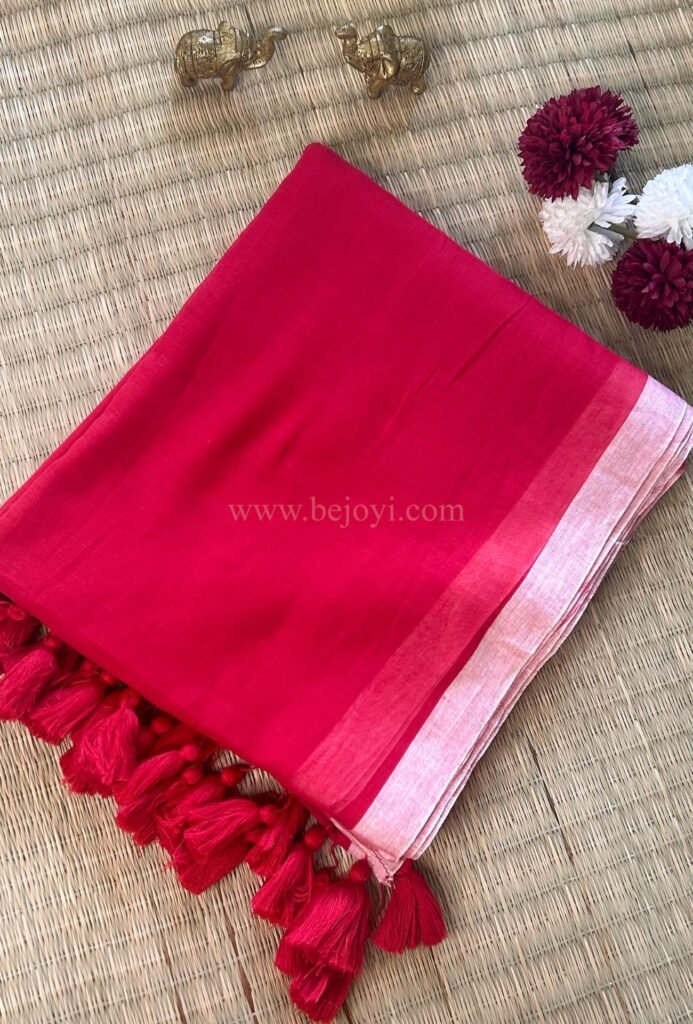 Cherry Red with Pink Border Mulmul Cotton Saree