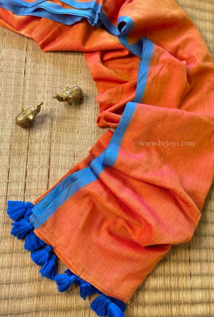 Sunset Orange with Blue Border Mulmul Cotton Saree