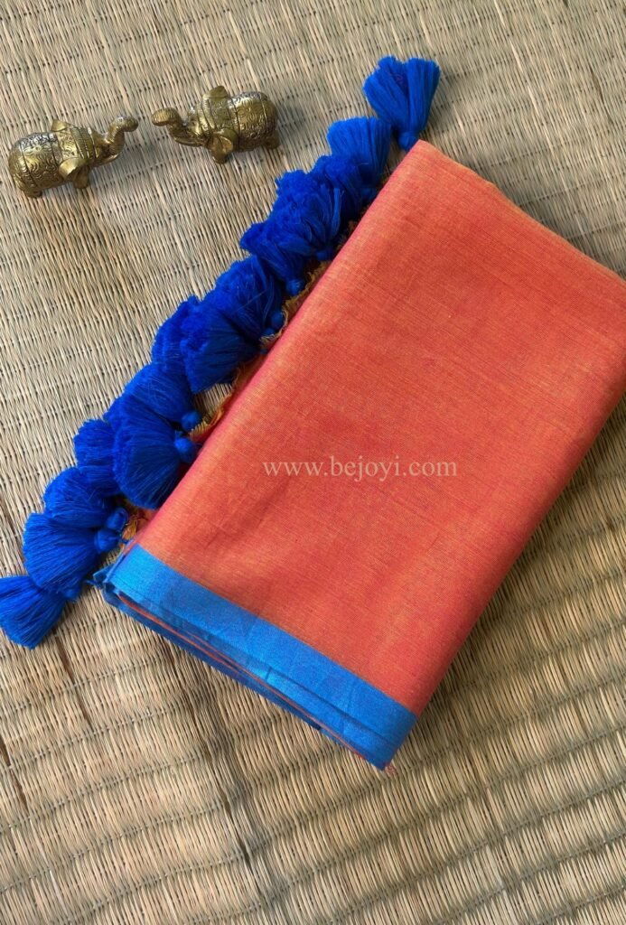 Sunset Orange with Blue Border Mulmul Cotton Saree