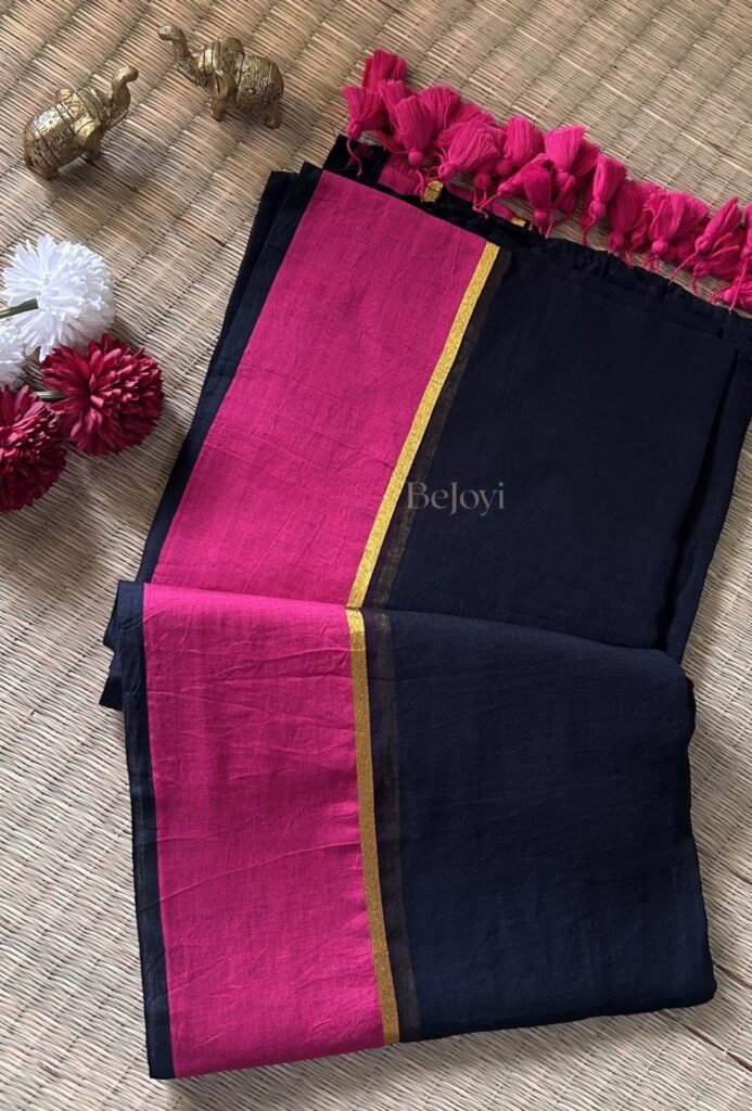 Ragini - Black with Gulabi Pink Border Mulmul Cotton Saree
