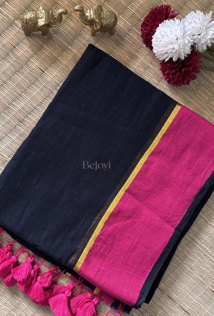 Ragini - Black with Gulabi Pink Border Mulmul Cotton Saree