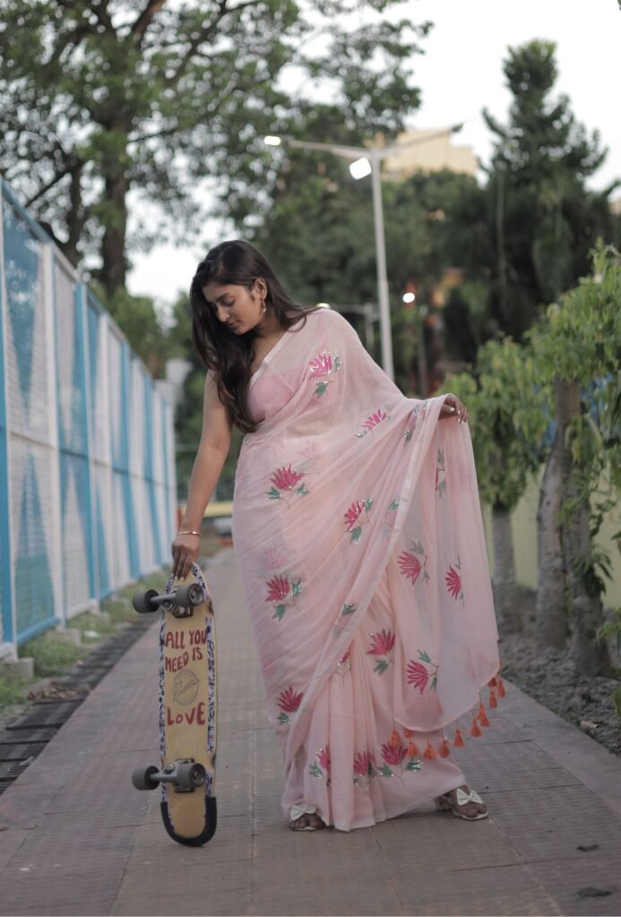 Kamalika – Blush Pink Floral Sequin Embroidery Mulmul Cotton Saree