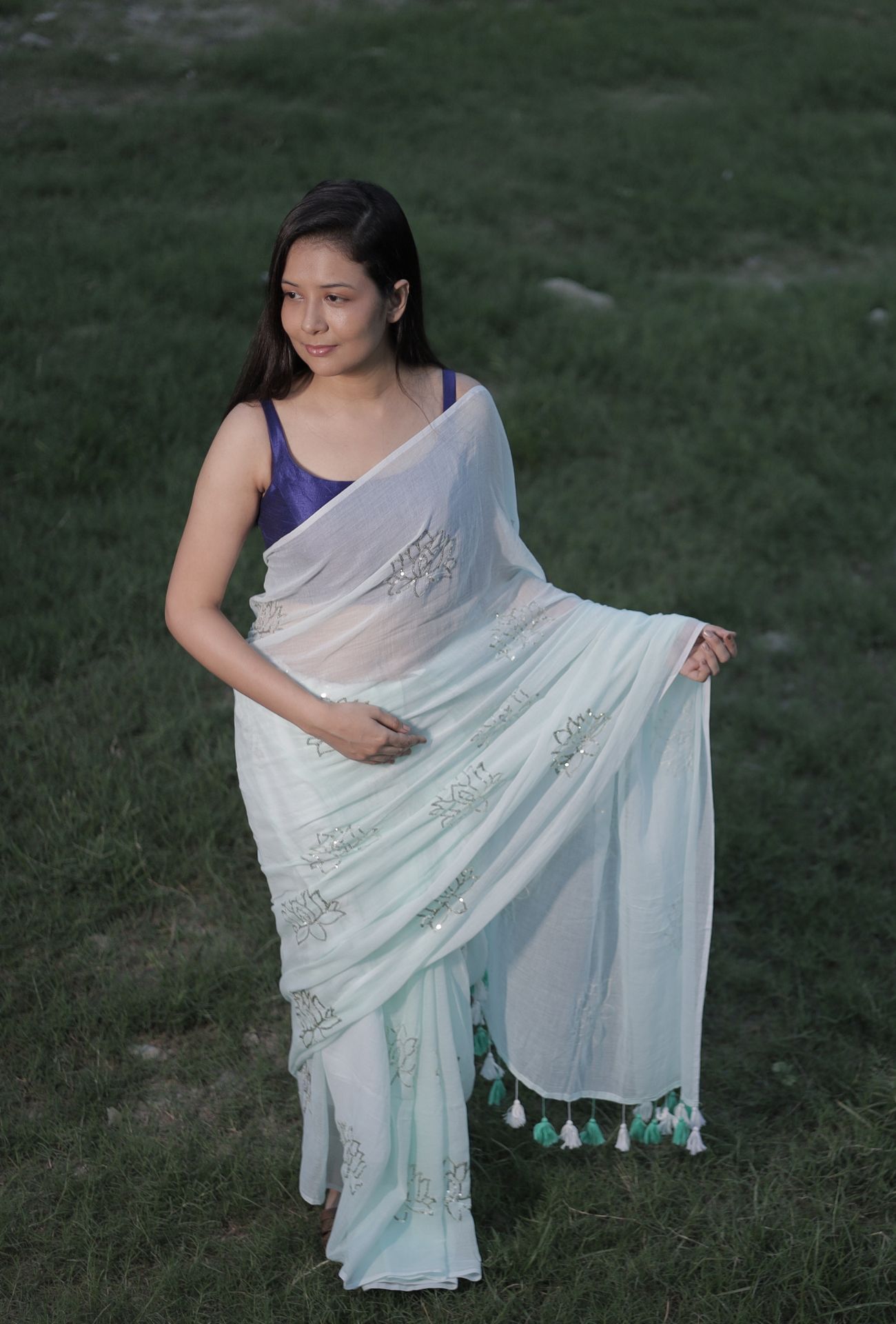 Moonlit Lotus Mist Saree