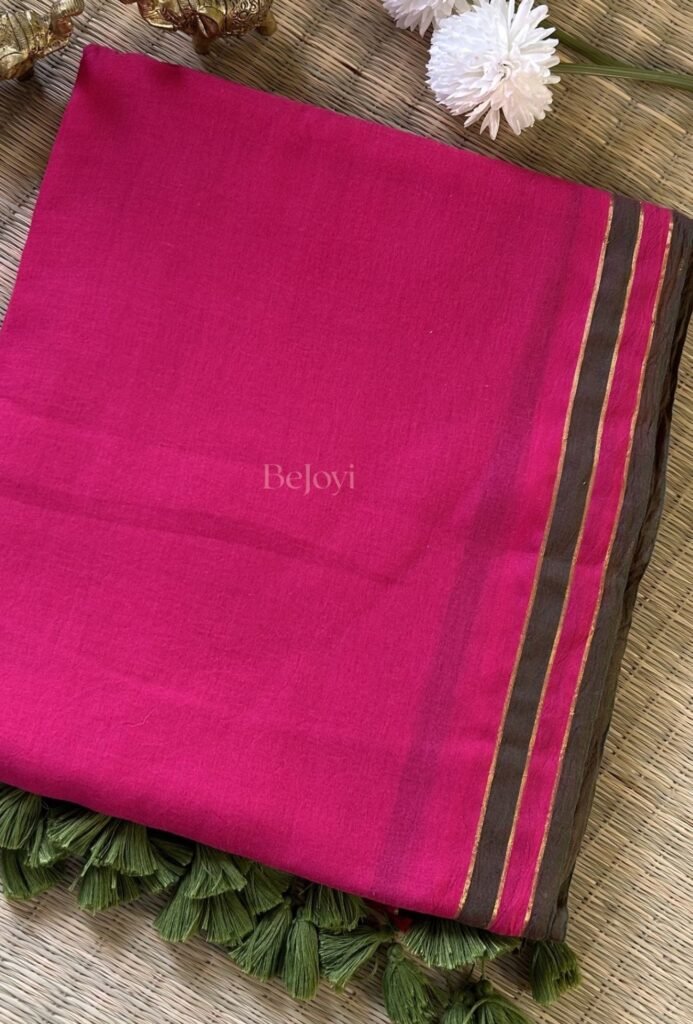 Fuchsia Pink with Olive Green Border Mulmul Cotton Saree
