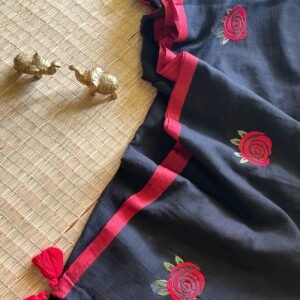 Black and Red Rose Embroidery Mulmul Cotton Saree