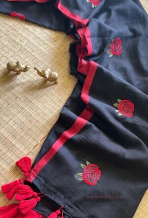 Black and Red Rose Embroidery Mulmul Cotton Saree