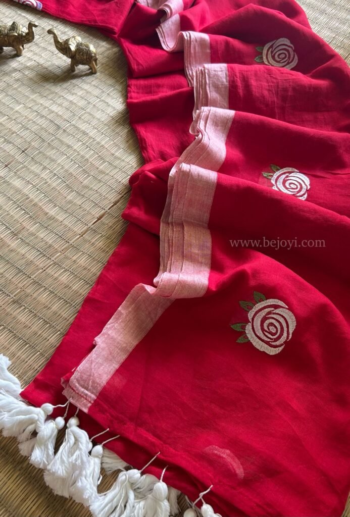 Red Rose Embroidery Mulmul Cotton Saree