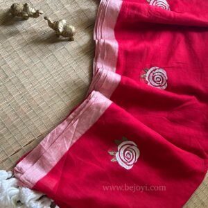 Red Rose Embroidery Mulmul Cotton Saree
