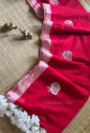 Red Rose Embroidery Mulmul Cotton Saree