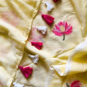 Pushpika – Lemon Yellow Lotus Embroidery Mulmul Cotton Saree