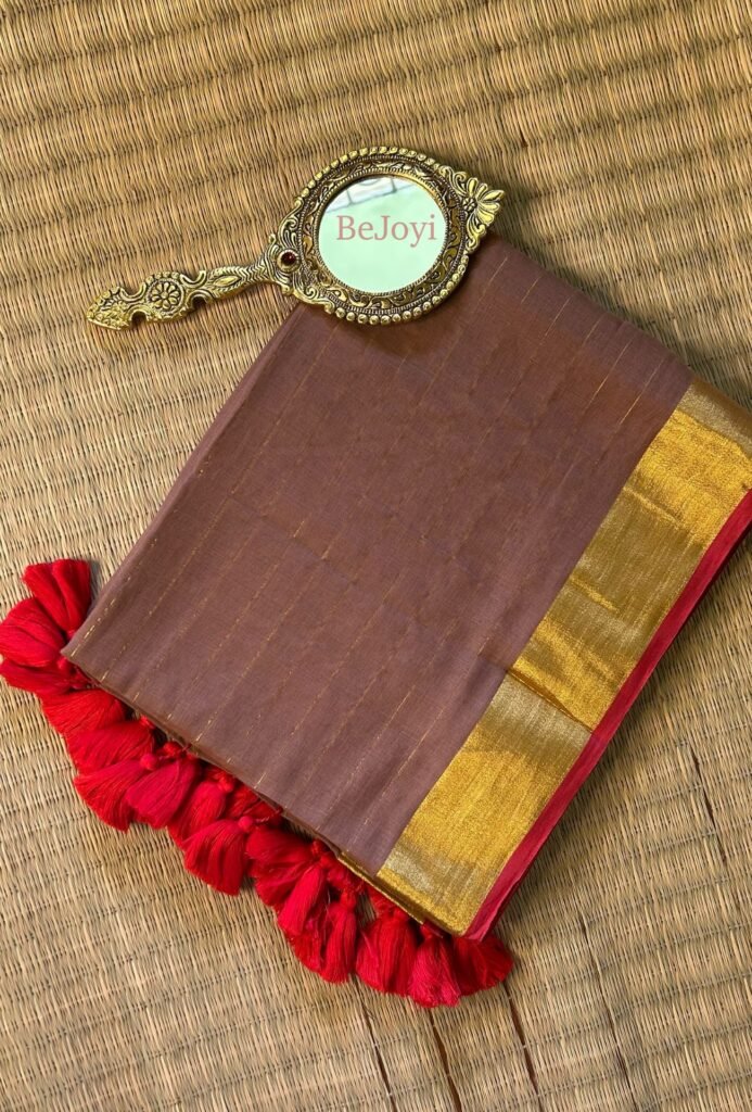 Coffee Brown with Golden Zari Mulmul Cotton Saree