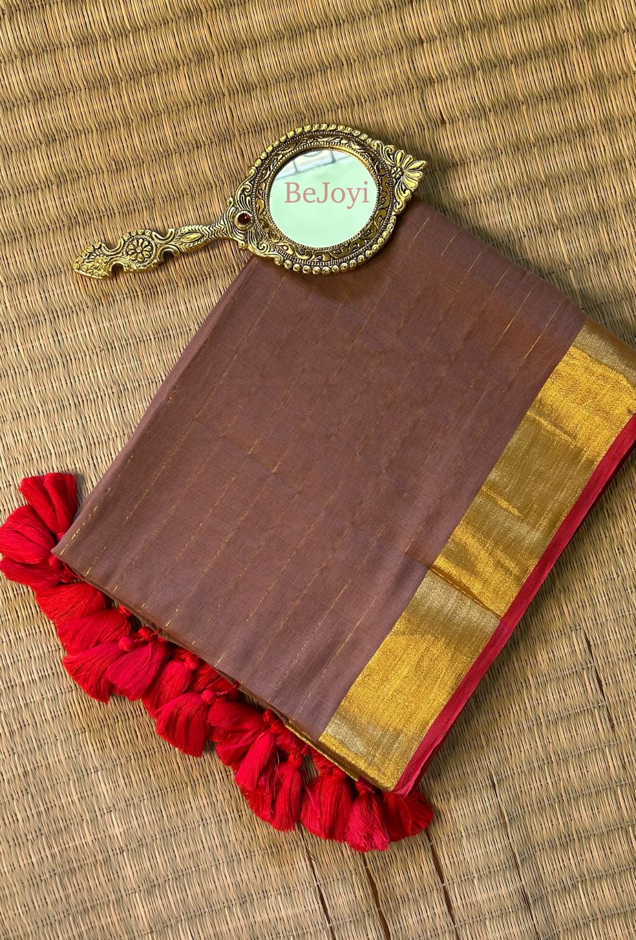 Coffee Brown with Golden Zari Mulmul Cotton Saree