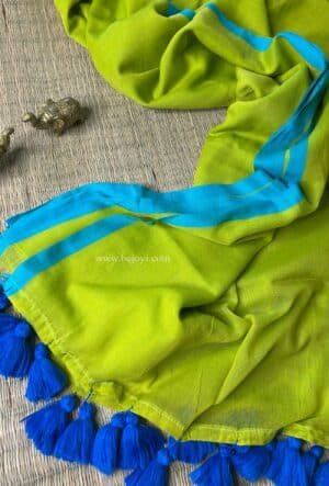Lime Green with Aqua Blue Border Mulmul Cotton Saree