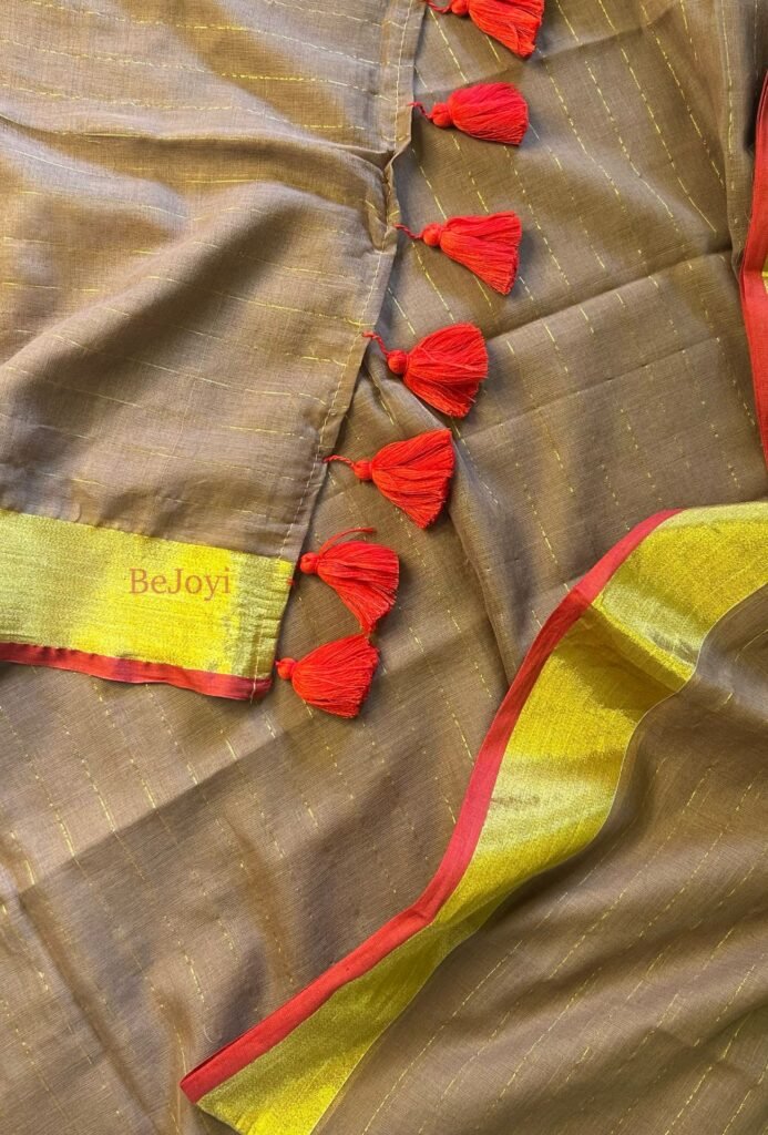 Coffee Brown with Golden Zari Mulmul Cotton Saree