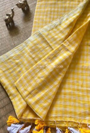 Yellow small check pure mulmul cotton saree