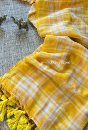 Sunshine Yellow Block Check Pure Mulmul Cotton Saree