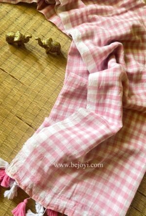 Mauve Pink Small Check Pure Mulmul Cotton Saree