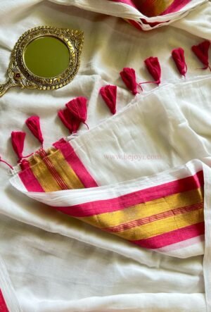 Kerala Kasavu - White & Pink Gold Zari Mulmul Cotton Saree