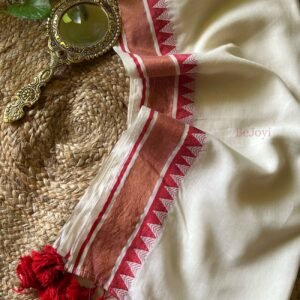White & Copper Red Temple Border Mulmul Cotton Saree