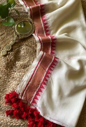 White & Copper Red Temple Border Mulmul Cotton Saree