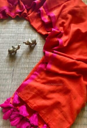 Coral Orange with Fuchsia Pink Border Mulmul Cotton Saree
