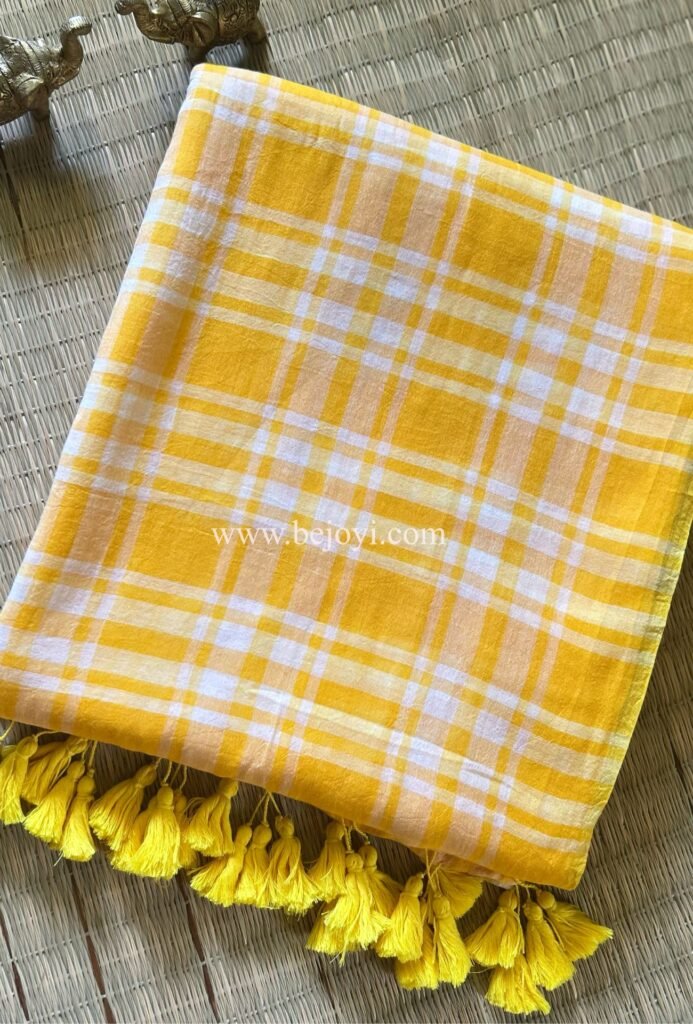 Sunshine Yellow Block Check Pure Mulmul Cotton Saree