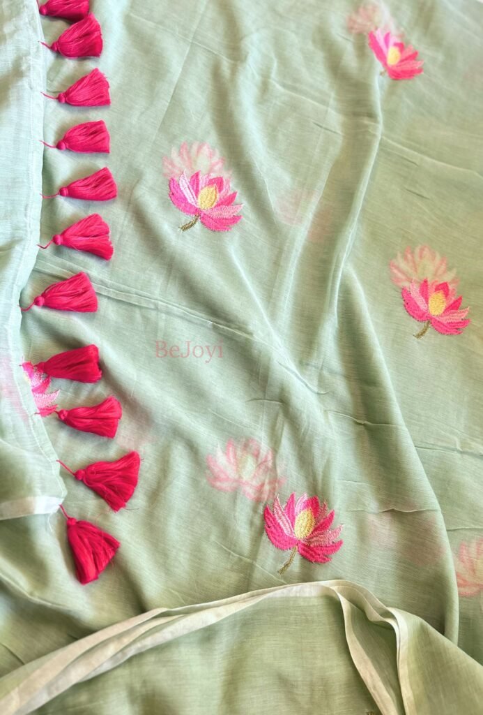 Pushpika – Pista Green Lotus Embroidery Mulmul Cotton Saree