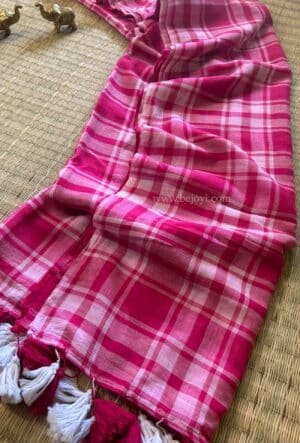 Pink Block Check Pure Mulmul Cotton Saree