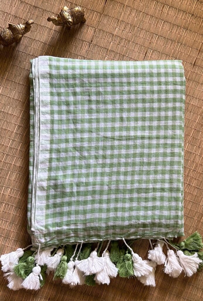 Mint Green Small Check Pure Mulmul Cotton Saree