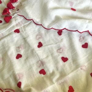 White & Red Heart Embroidery Scallop Border Mulmul Cotton Saree