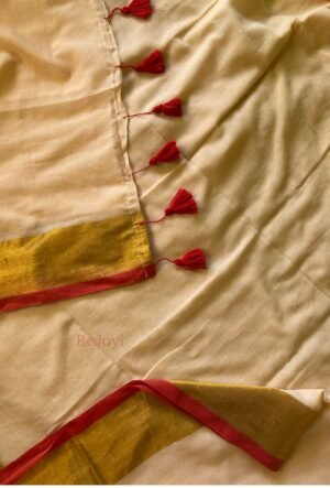 Devika – Beige Gold Zari Red Border Mulmul Cotton Saree