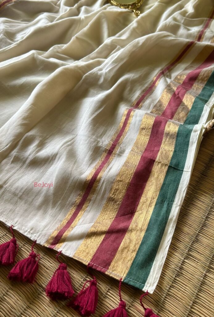 Kerala Kasavu – Ivory Multicolour Stripe Zari Border Mulmul Cotton Saree