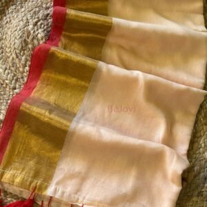 Devika – Cream Gold Zari Red Border Mulmul Cotton Saree