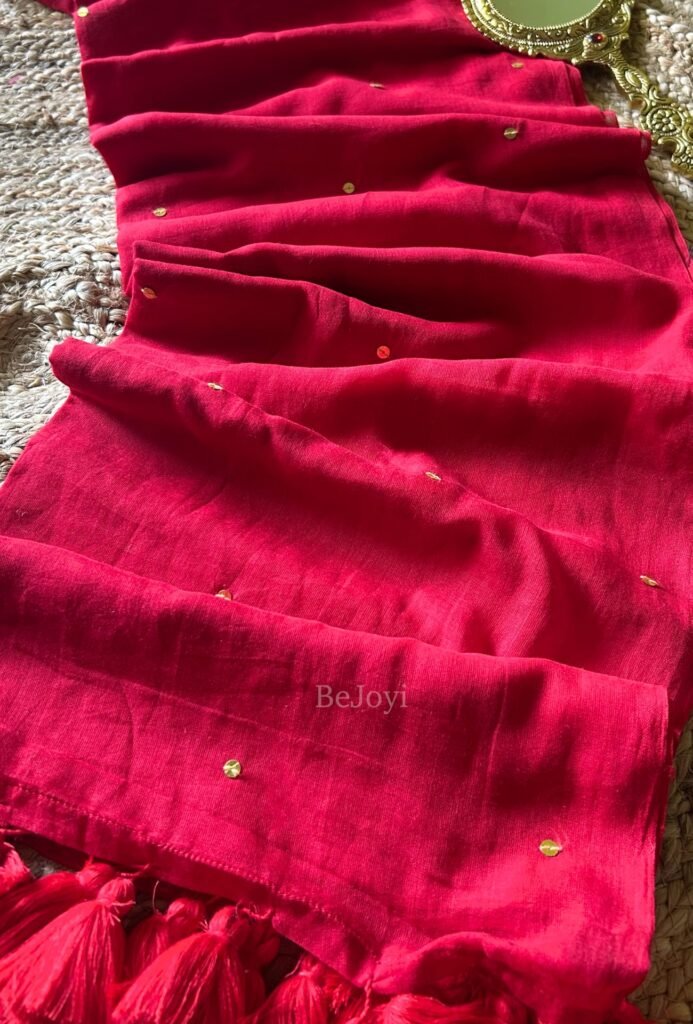 Red Sequin Mulmul Cotton Saree