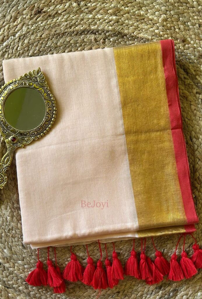 Devika – Cream Gold Zari Red Border Mulmul Cotton Saree