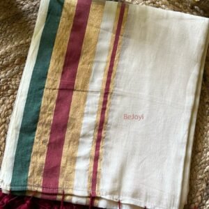 Kerala Kasavu – Ivory Multicolour Stripe Zari Border Mulmul Cotton Saree