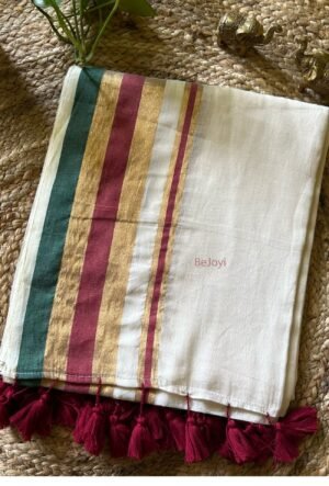 Kerala Kasavu – Ivory Multicolour Stripe Zari Border Mulmul Cotton Saree