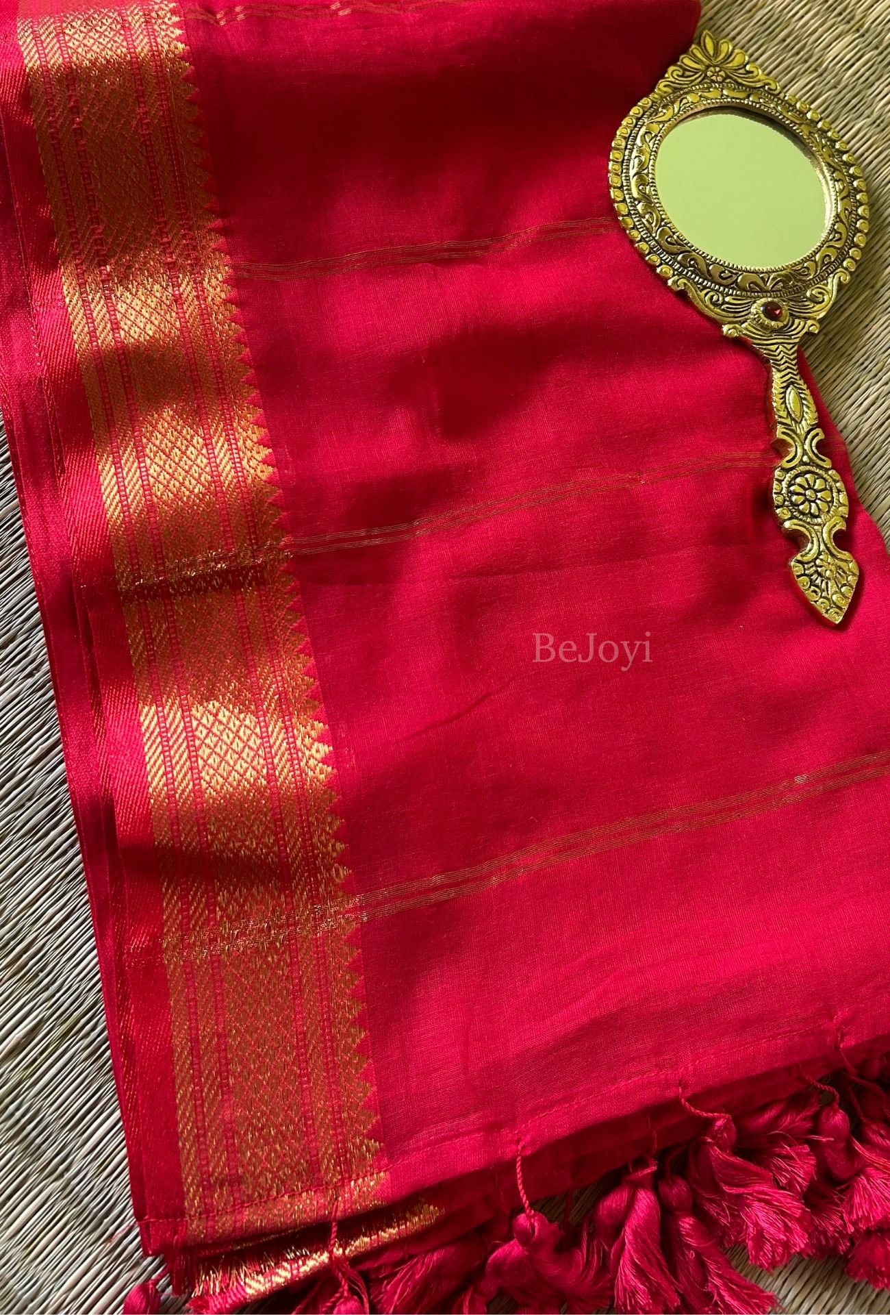 Crimson Red Gold Zari Mulmul Cotton Saree