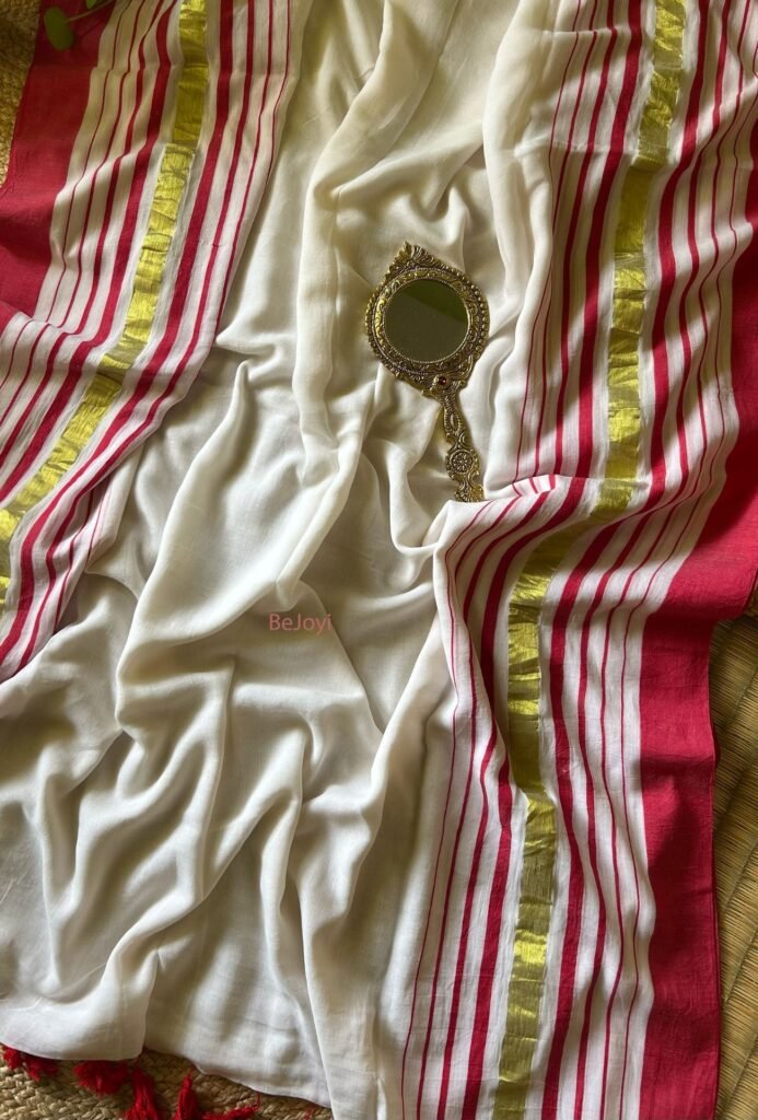 Uma – Red & Golden Striped Border White Mulmul Cotton Saree