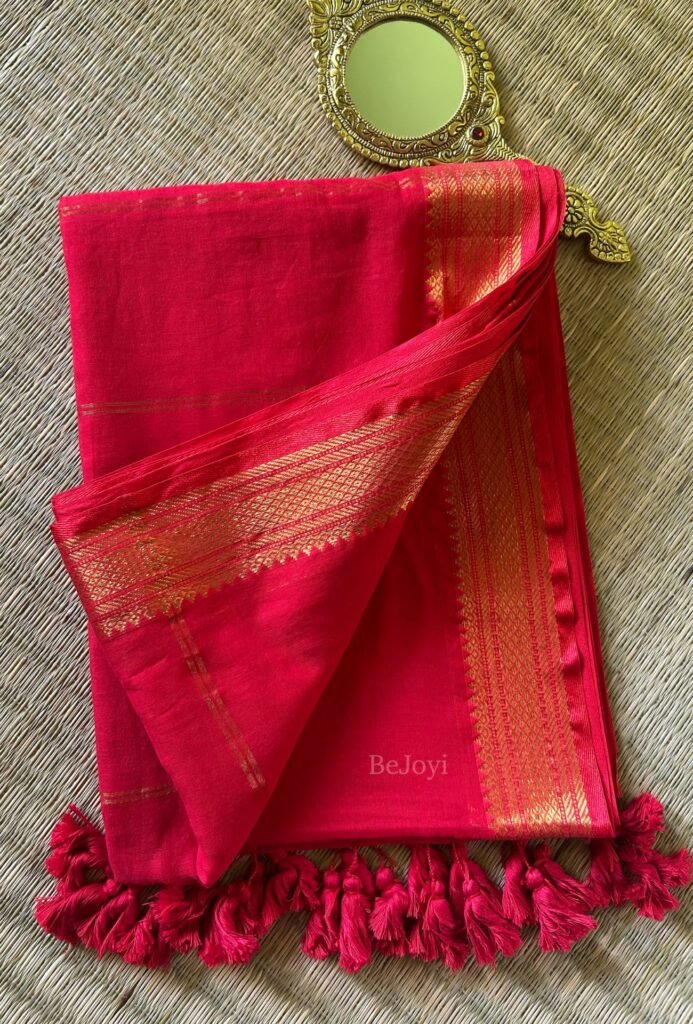 Crimson Red Gold Zari Mulmul Cotton Saree