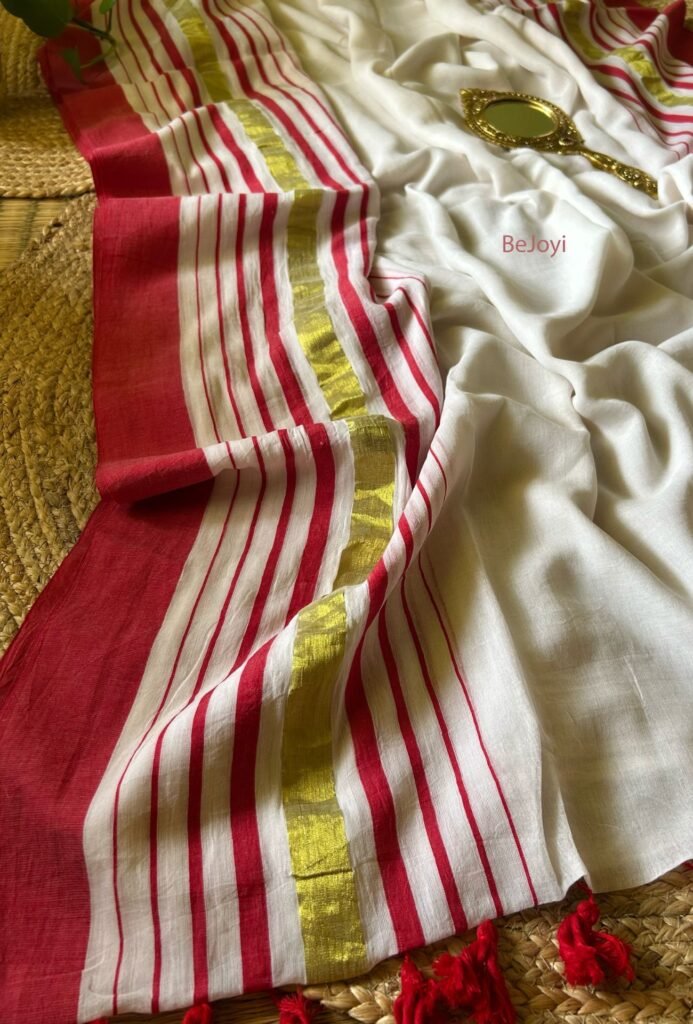 Uma – Red & Golden Striped Border White Mulmul Cotton Saree