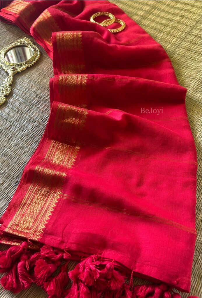 Crimson Red Gold Zari Mulmul Cotton Saree