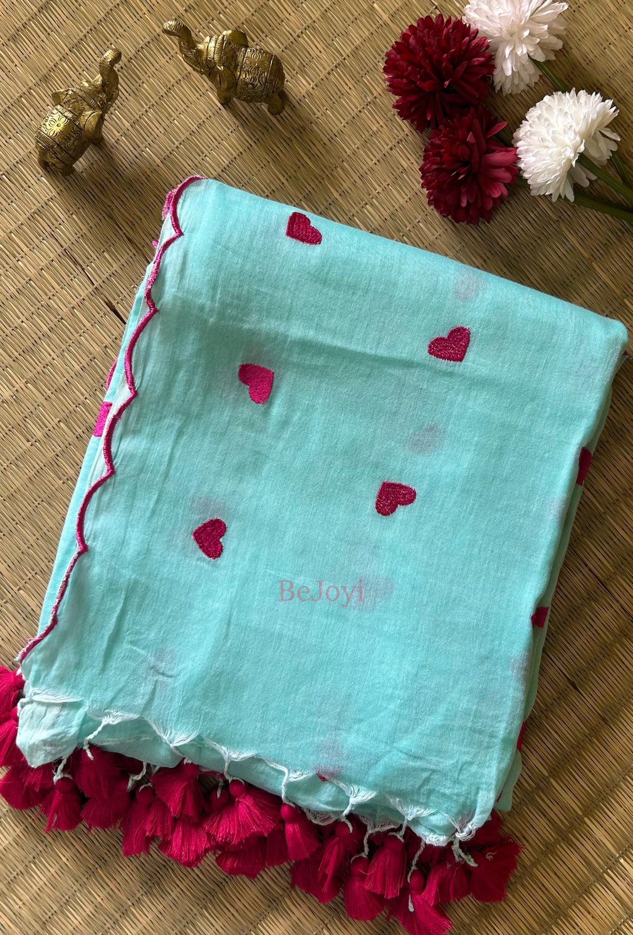 Mint Aqua & Magenta Heart Embroidery Scallop Border Mulmul Cotton Saree